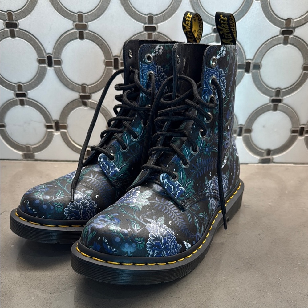 Dr. Martens Black and Blue Floral Lace Up Boots